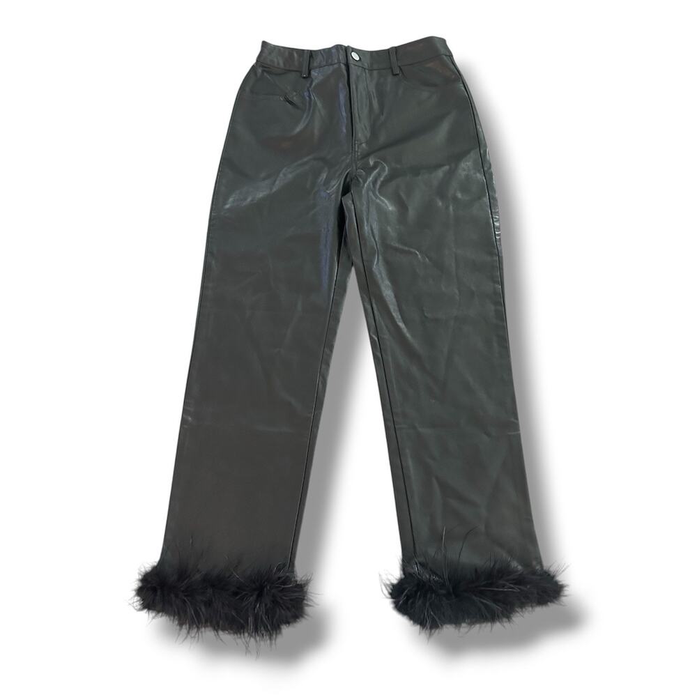 Altar'd State Alex Feather Trim Black Faux Leather Pants Size Medium NWT